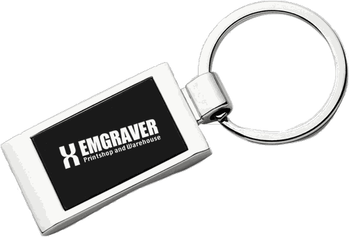 Custom metal keyring with box, logo engraved in white on the black plate