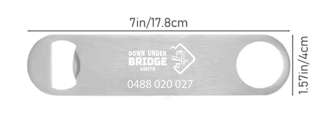Custom engraved stainless steel bottle opener example with logo and dimensions