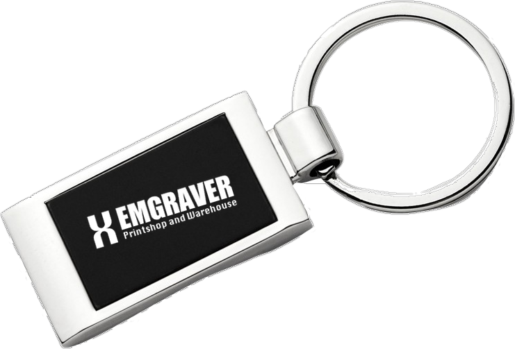 Custom metal keyring with box, logo engraved in white on the black plate
