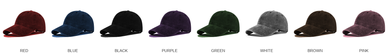 Faded Wash Cap colour range - Red, Blue, Black, Purple, Green, White, Brown, Pink